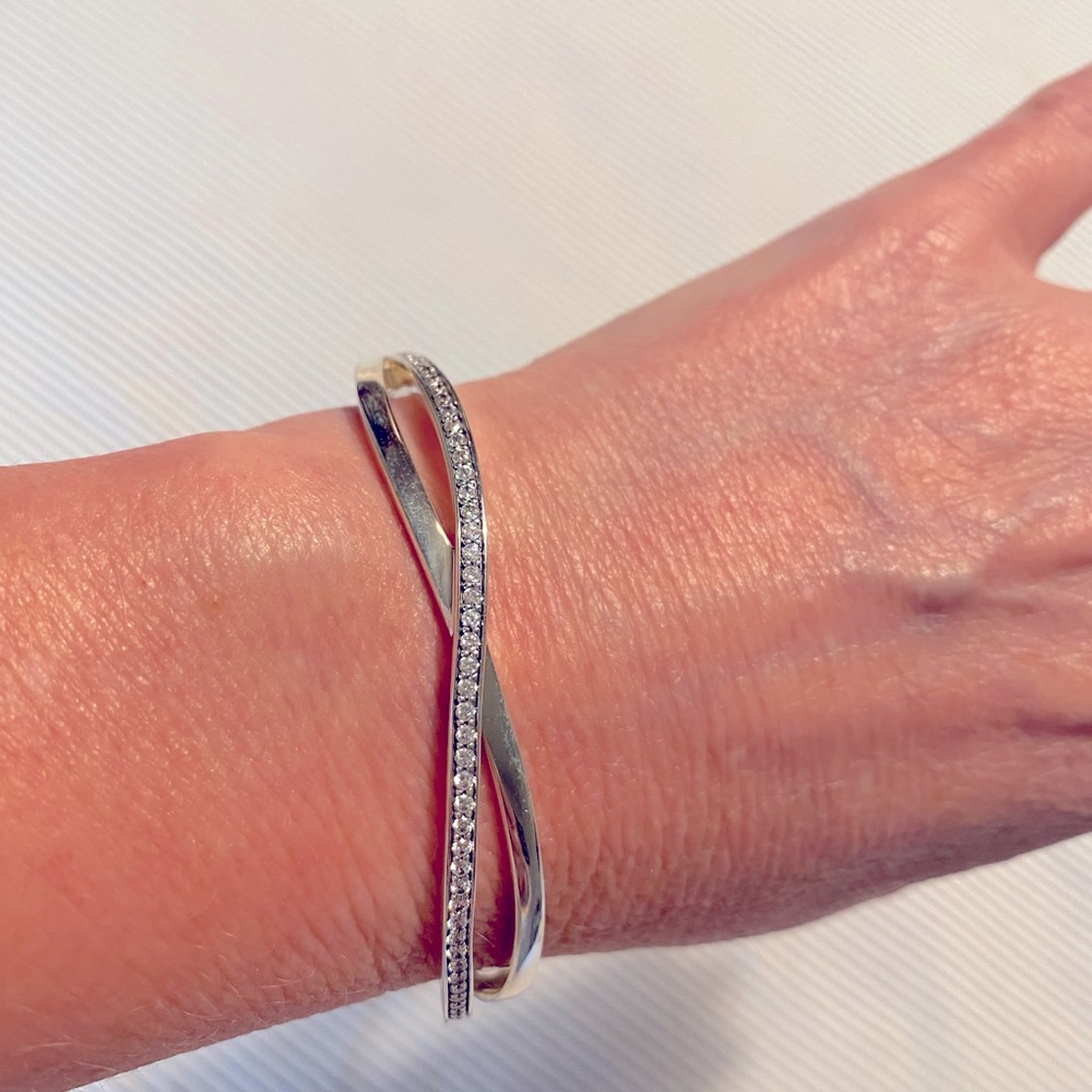 Pandora Silver and Crystal bangle Bracelet. NWT.
